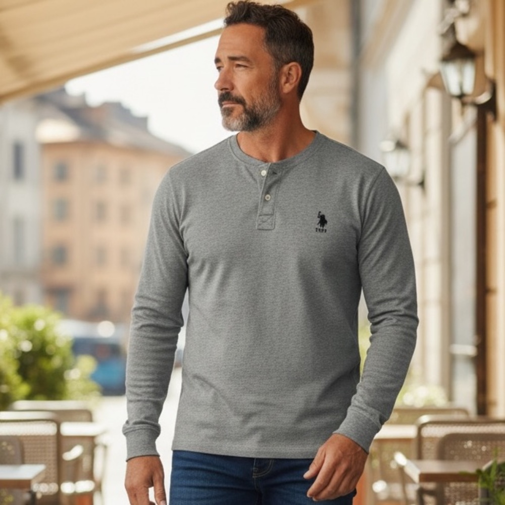 #164 US Polo association Men's Charcoal Long Sleeve Henley